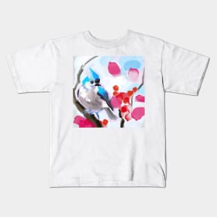 Tufted titmouse in the red berries bush Kids T-Shirt